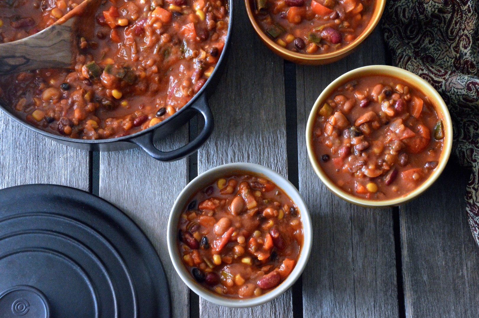 Three-bean and lentil chili