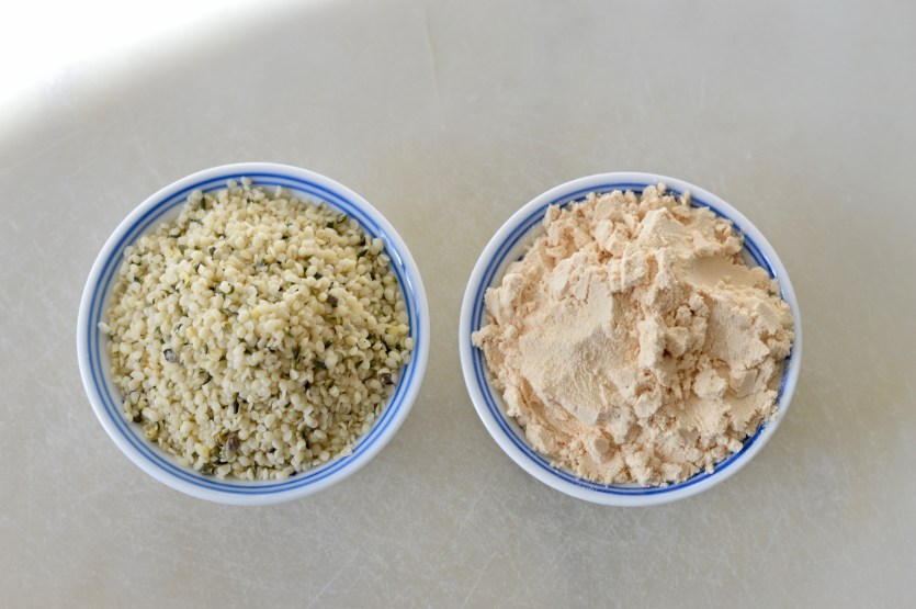 Hemp hearts to your left. Yellow pea protein powder to your right. Hemp hearts to your left. Yellow pea protein powder to your right.